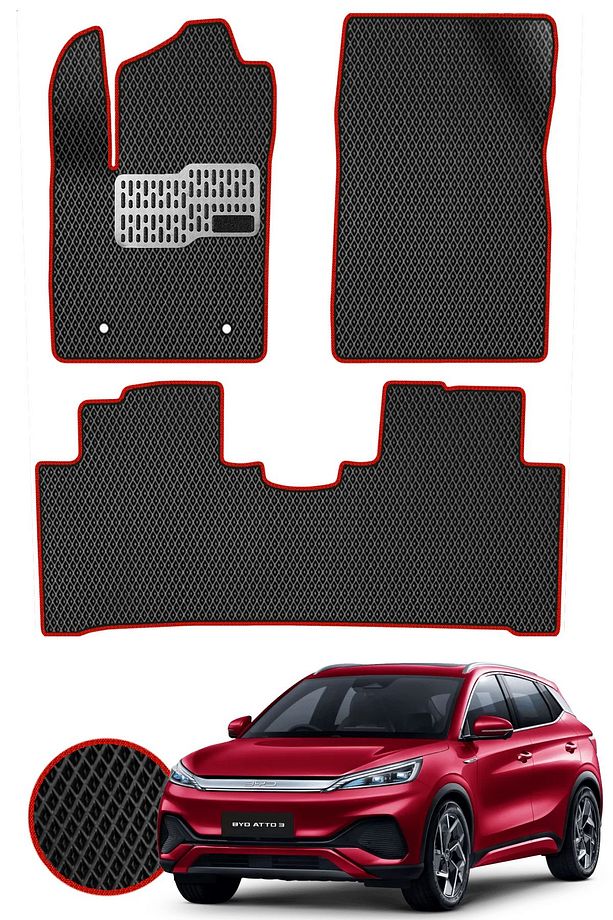 BYD Atto 3 Hücreli Paspas Seti, Premium Eva Tam Set Paspas Takımı Siyah Kırmızı - 1