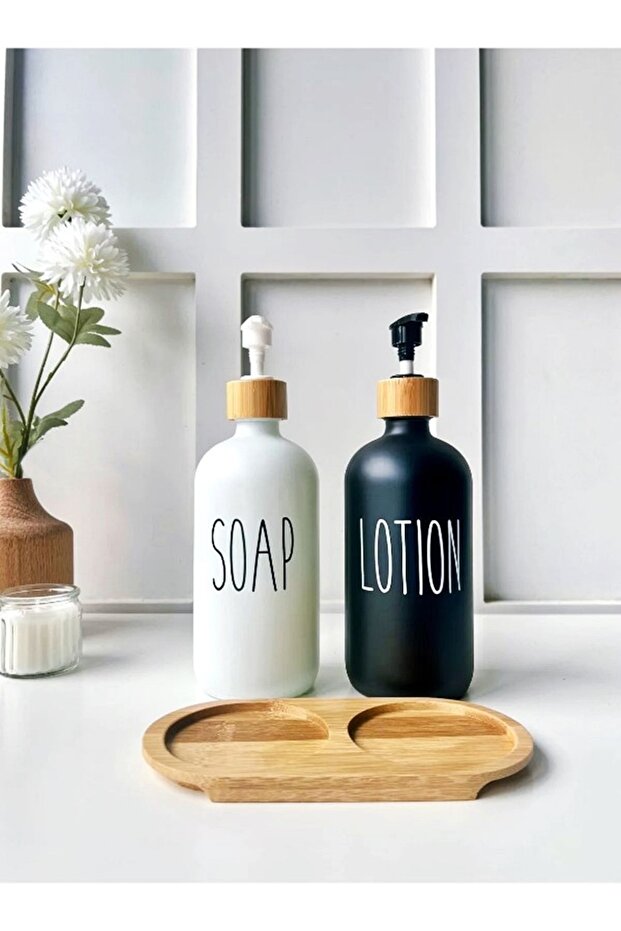 Set of 2 Black and White Glass Soap Dishes with Bamboo Base 500ml + 500 ml