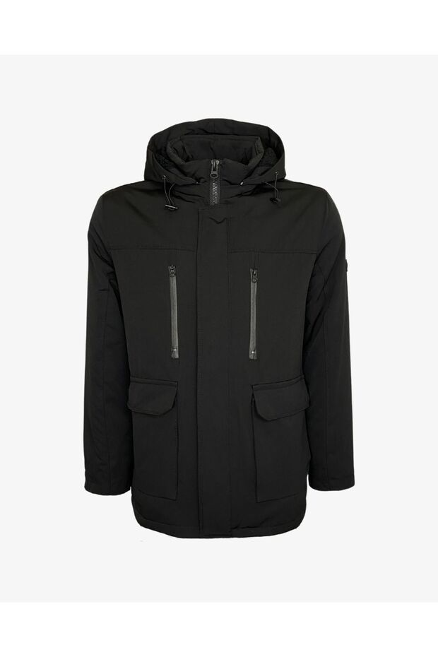 Erkek Siyah Kapüşonlu Parka - 1