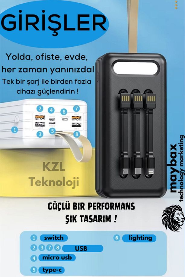 50.000 Mah Led Aydınlatmalı Taşıma Askı Hızlı Şarj Powerbank 4xUsb Micro,Lıghtnıng,Type-C Giriş - 4