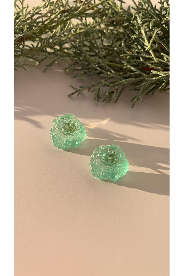 Bright Water Green Colored Crystal Shaped Epoxy Earrings with Silver Accessories Handmade Gift