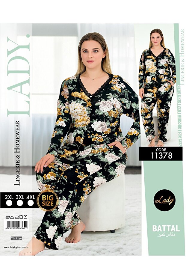 Floral Patterned Long Sleeve V-Neck Oversize Women's Pajama Set