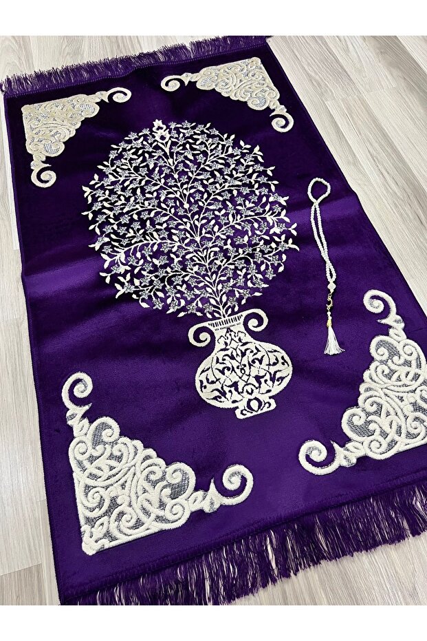 Velvet Glitter Woven Dowry Gift Prayer Rug Set with Prayer Beads
