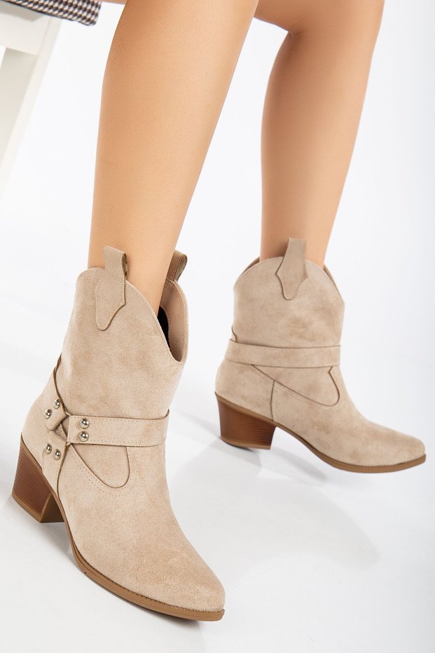 Women's Nude Suede Thermo Sole Pointed Toe Western Cowboy Boots