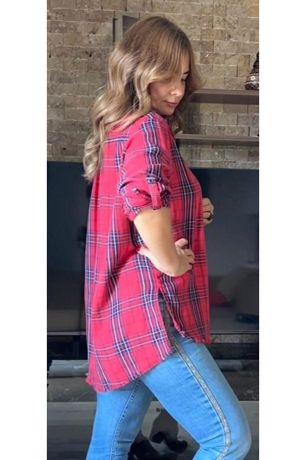 %100 Pamuk Oversize Premium Kalite Eteği Yırtıklı Ekose Kadın Gömlek Kırmızı - 5