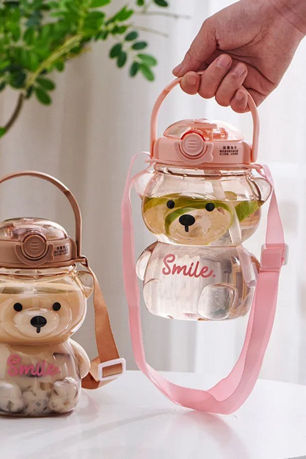 Ayıcık Su Matarası PEMBE Ayıcıklı Suluk Figürlü Su Şişesi Ayıcık Matara 1000ml - 1