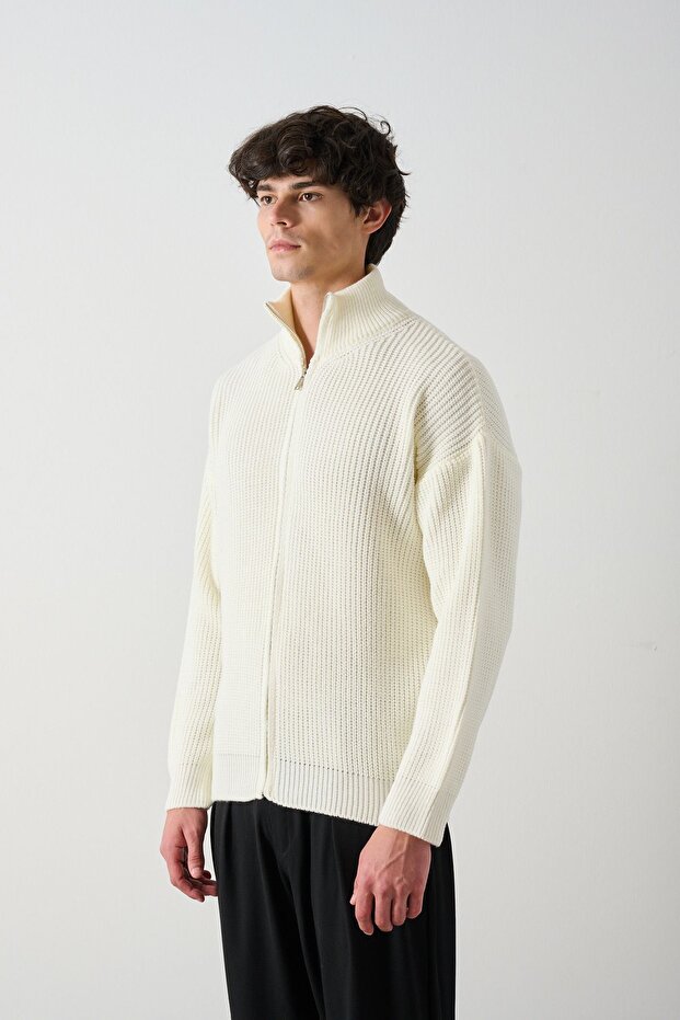 Fermuarlı Ekru Premium Selanik Örgü Oversize Unisex Hırka - 4