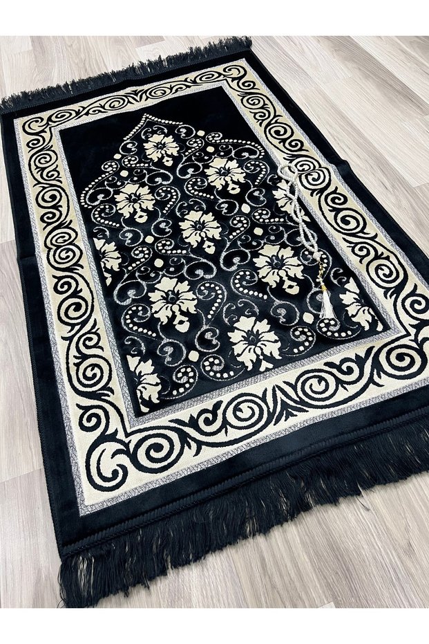 Velvet Glitter Woven Dowry Gift Prayer Rug Set with Prayer Beads