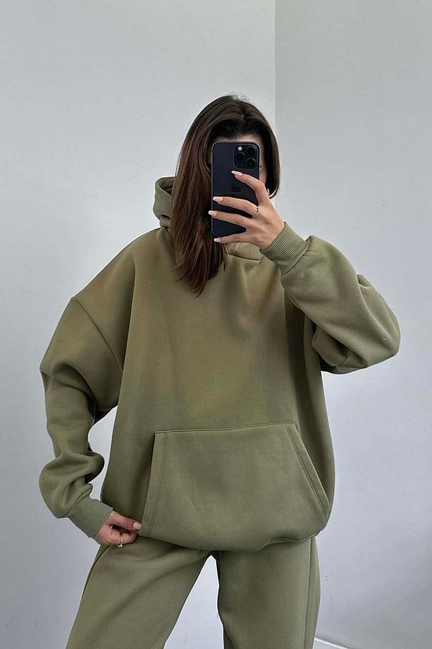 Kadın 3 İplik Yüksek Bel Lastikli Oversize Kışlık Kapüşonlu Unısex Eşofman Takımı - 6