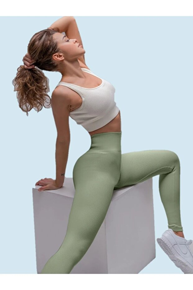 Knitted Fabric Recovery High Waist Trophy Leggings Khaki Green