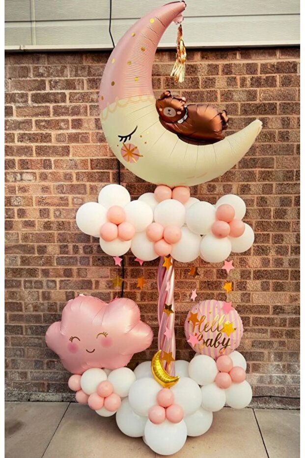 Pink Cloud Foil and Bear on the Moon Foil Balloon Set 52 Pieces