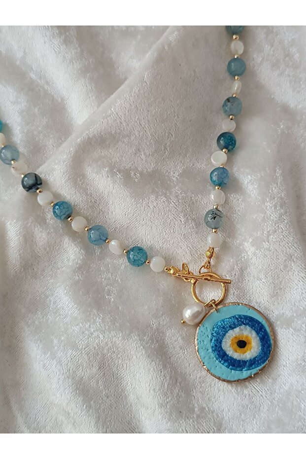 Polymer Clay Evil Eye Bead End Real Pearl Blue Agate Natural Stone Necklace Valentine's Mother's Day Gift