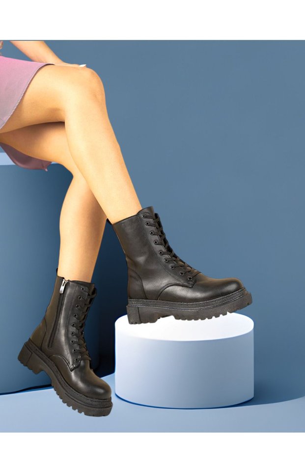 Women's Black Lace-Up and Zippered Thick Soled Casual Women's Boots