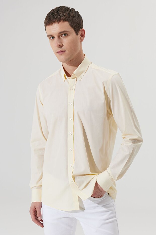 Erkek Sarı Slim Fit Dar Kesim Düğmeli Yaka %100 Pamuk Desenli Gömlek - 1