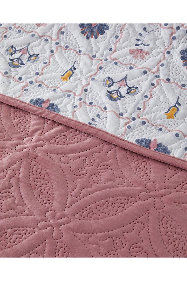 Ornate Fancy Kadife Çift Kişilik Yatak Örtüsü Takımı Gül Kurusu - 3