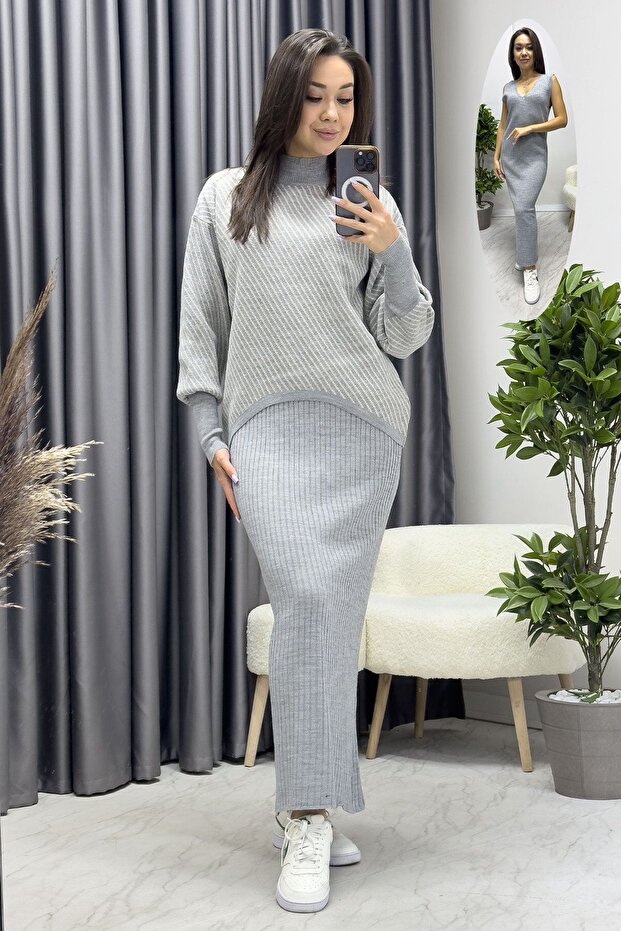 CARLA MARA New Season Women's Zigzag Patterned Sweater and Dress Knitwear Set Gray White Striped Women