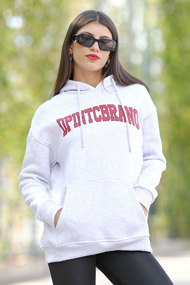 Women's Oversize Hooded Snow Melange Sweatshirt Three Thread Kangaroo Pocket Printed Hoodie - 25101