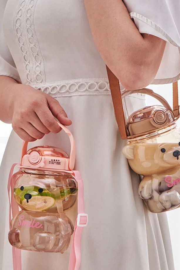 Ayıcık Su Matarası PEMBE Ayıcıklı Suluk Figürlü Su Şişesi Ayıcık Matara 1000ml - 5