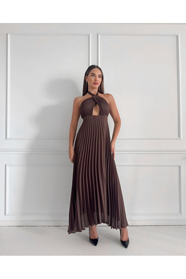 Pleated Long Dress with Window Detail