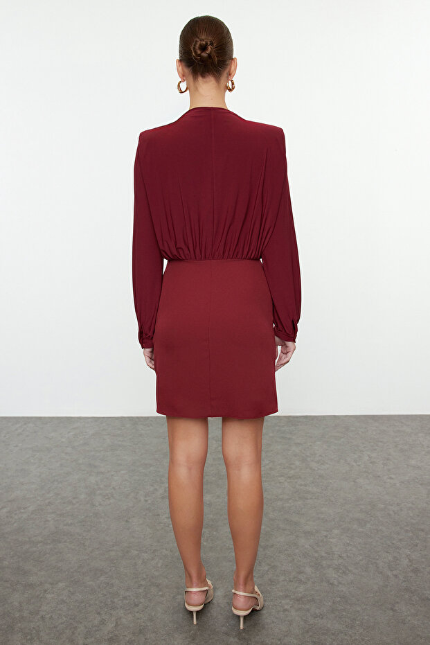 Burgundowa Mini Sukienka Tkana - Prosta Wyściełana Twoaw24el00483 - 5