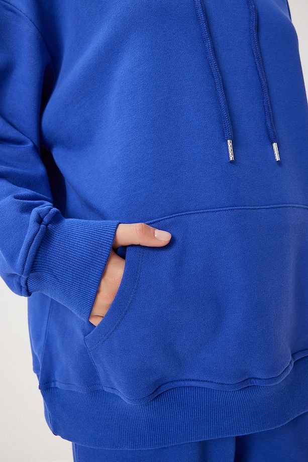 Kadın Mavi Kapüşonlu Sweatshirt Jogger Oversize Örme Eşofman Takımı PYS0027 - 5