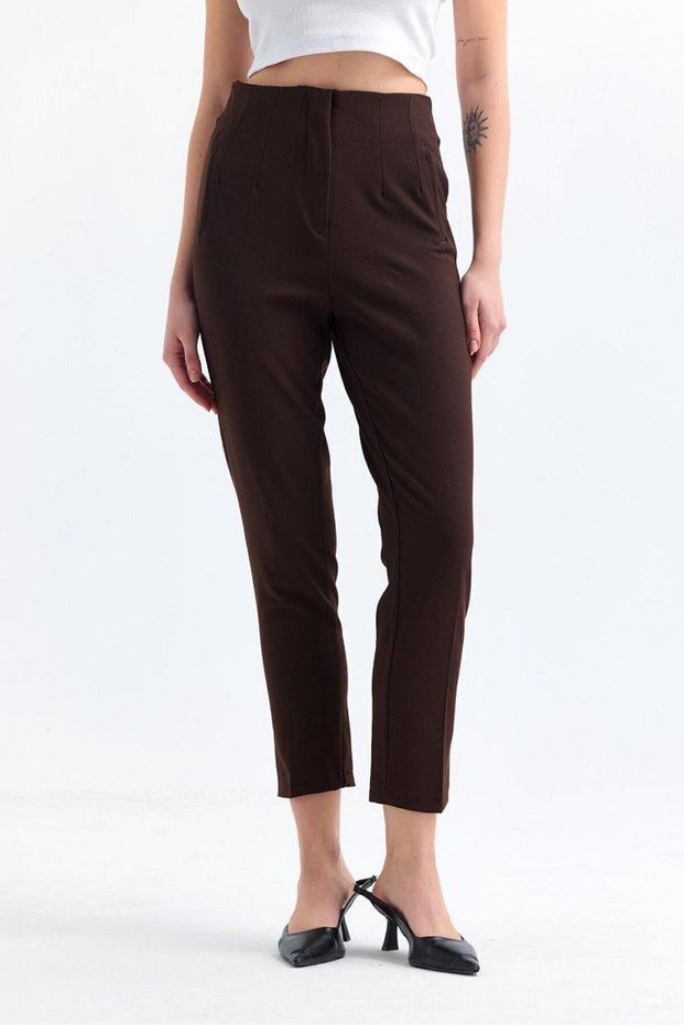 Women's Brown High Waist Pleated Fabric Trousers
