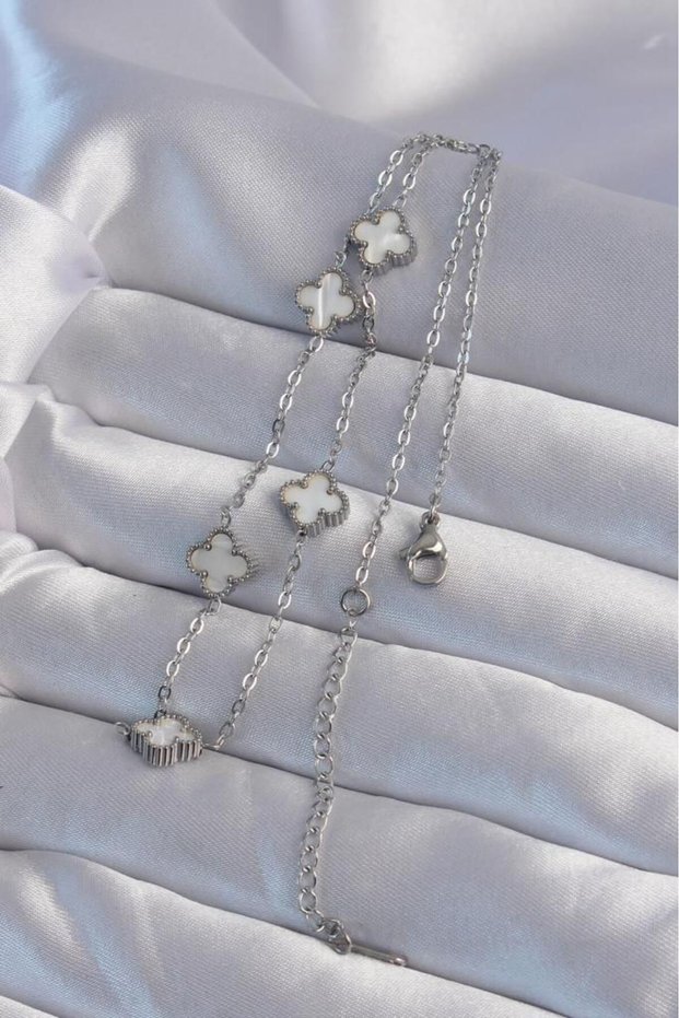 White Pearlescent Silver Steel Mini Clover Necklace - for Delicate Necks