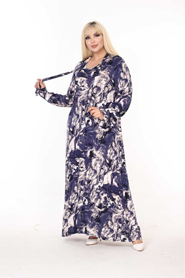Women's Tie Collar Long Sleeve Patterned Viscose Combed Cotton Dress Suitable for Hijab