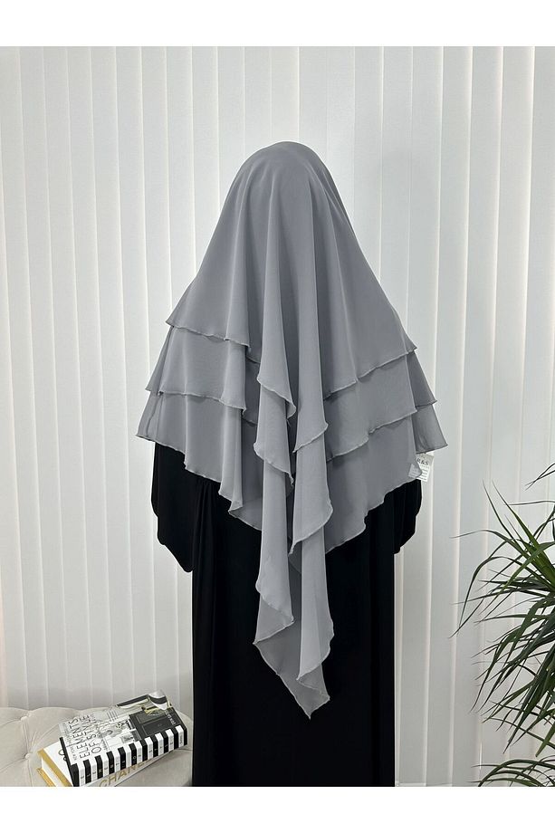 üç katlı multı sifon Sufle Eşarp ,Khimar Hazır Eşarp Bağcıklı Eşarp Peçeli gri renk - 4