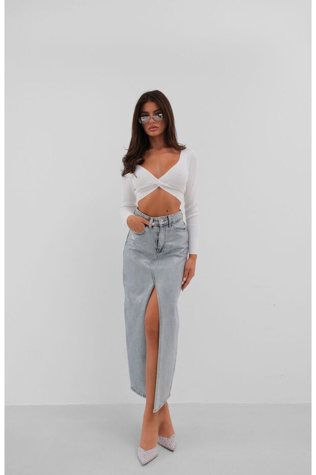 Blue Maxi Denim Skirt with Foil Print and Slits