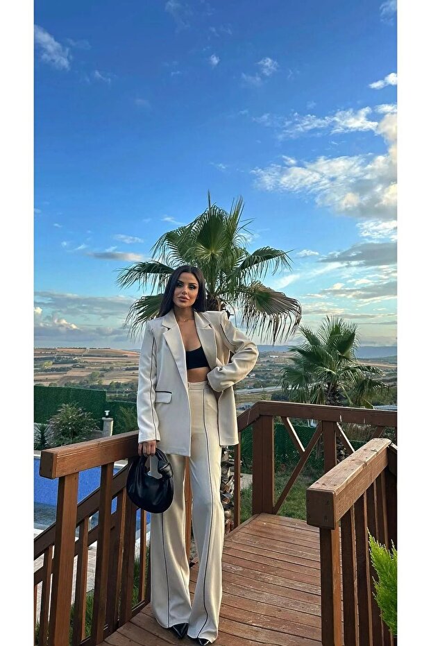 Női Stripe részletes blézerkabát Palazzo nadrágkosztüm - 1