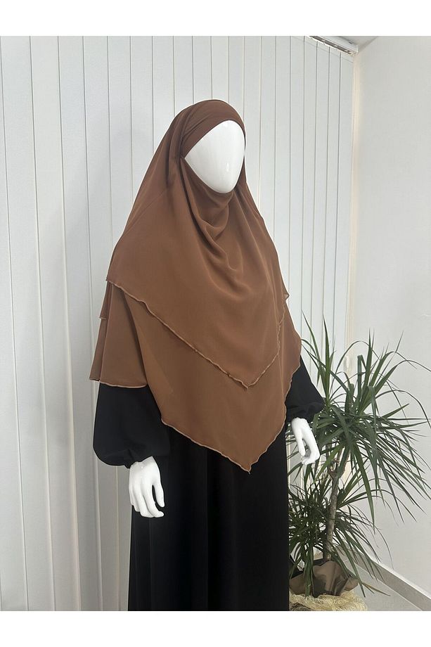 üç katlı multı sifon Sufle Eşarp ,Khimar Hazır Eşarp Bağcıklı Eşarp Peçeli kiremit renk - 2