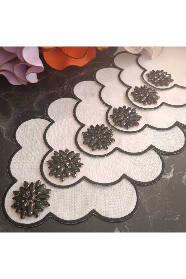 Fleur De Pierre (Stone Flower) Black Stone Coffee Side Cocktail Napkin Stain-Resistant Fabric 6 Pieces