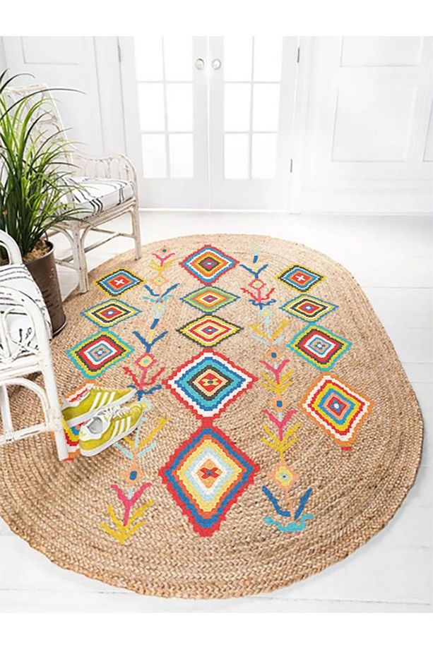 Boho 976 Jüt Hasır Etnik Desenli Oval Jüt Örme Doğal Hasır Natural Oval Halı - 5