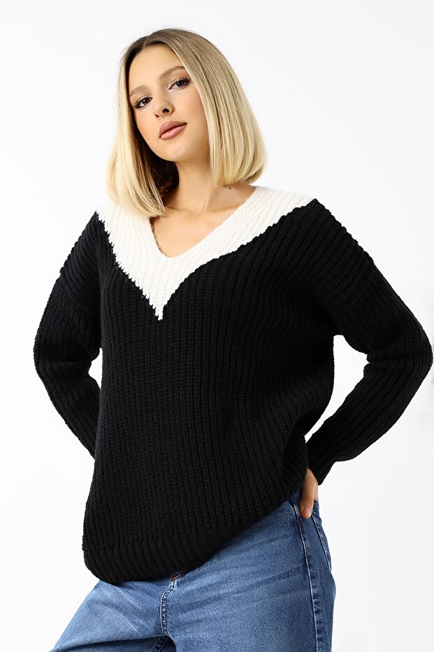 Kadın V Yaka Salaş Oversize Triko Kazak - 4