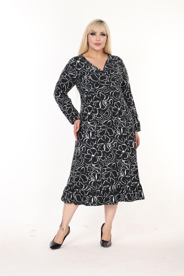 Women's Plus Size Printed Double-Breasted Long Sleeve Skirt with Ruffles Seasonal Dress