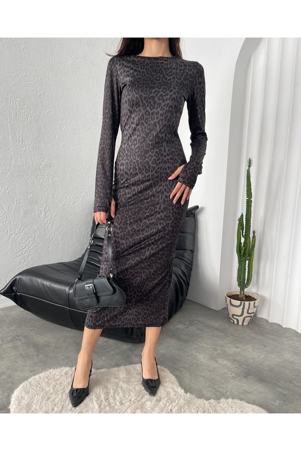 Women's Dark Leopard Patterned Finger-Loop Modal Fabric Long Sleeve Pencil Dress 10.226