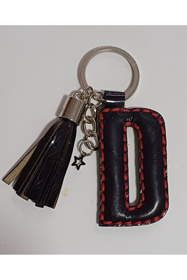 Real Leather Black-Red "D" Letter Keychain Hand Stitched