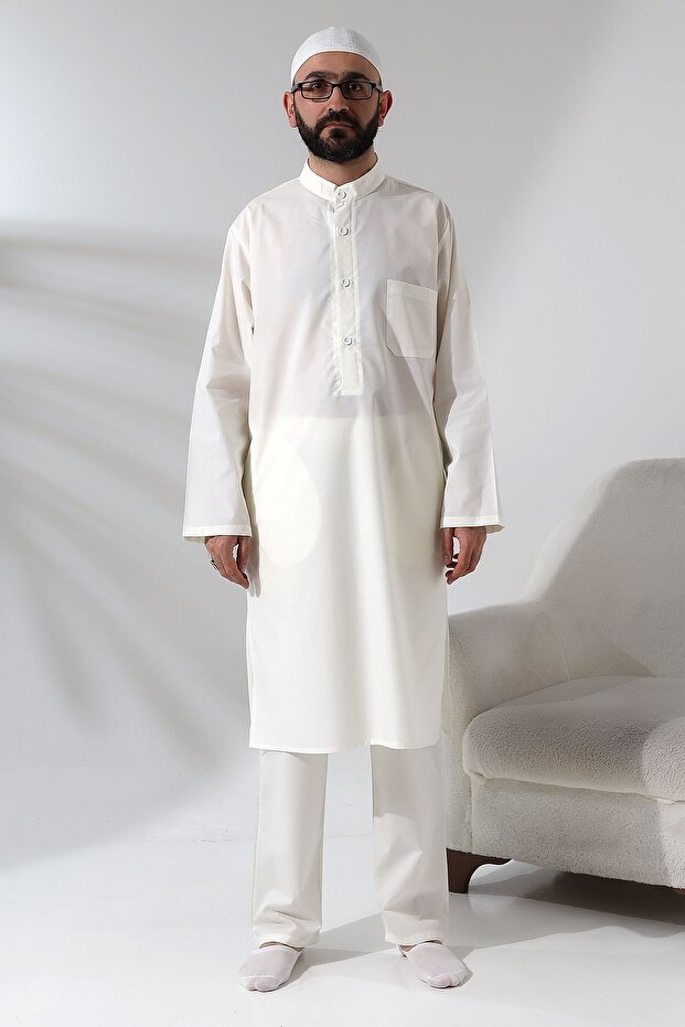 Men's Hajj and Umrah Outfit Two-Piece Top and Bottom Afghan Suit Cream