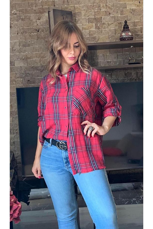 %100 Pamuk Oversize Premium Kalite Eteği Yırtıklı Ekose Kadın Gömlek Kırmızı - 1