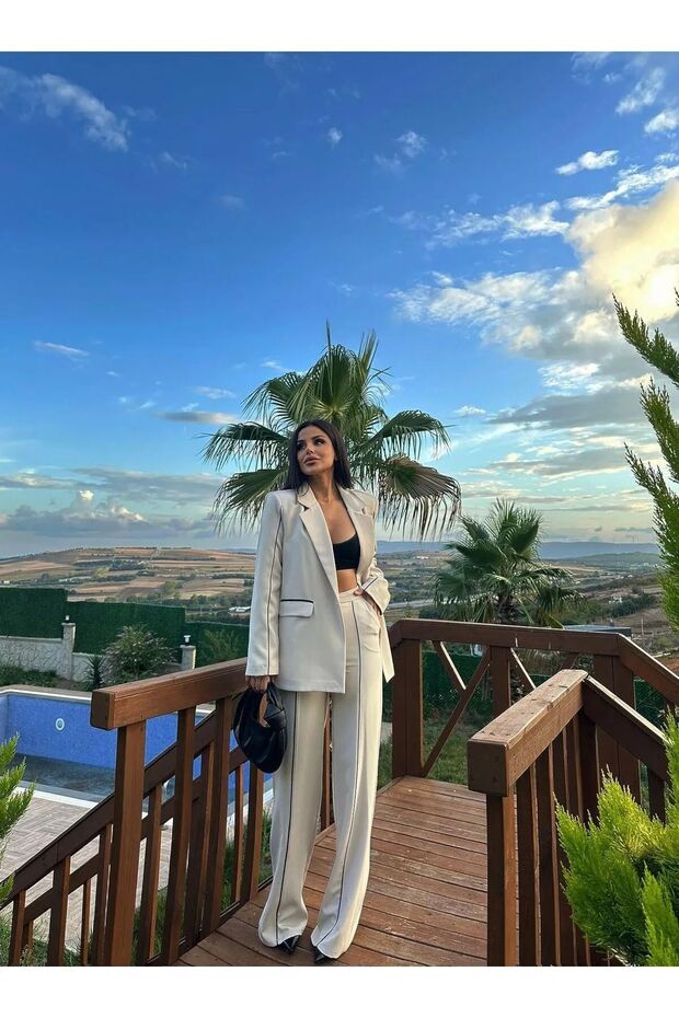Női Stripe részletes blézerkabát Palazzo nadrágkosztüm - 2