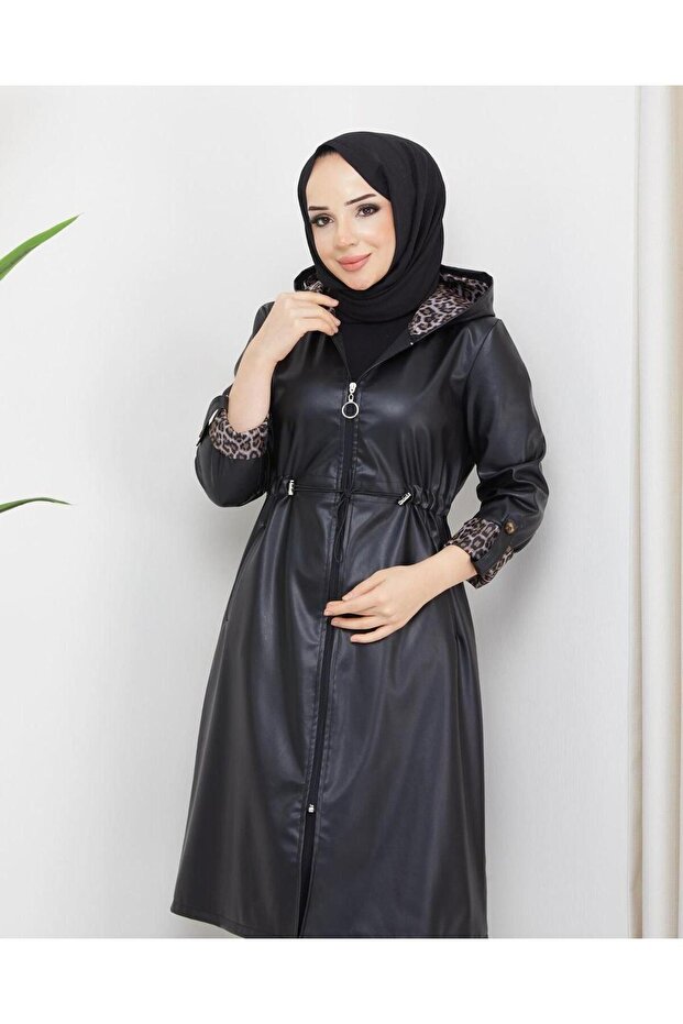 Women's Leather Hooded Trench Coat