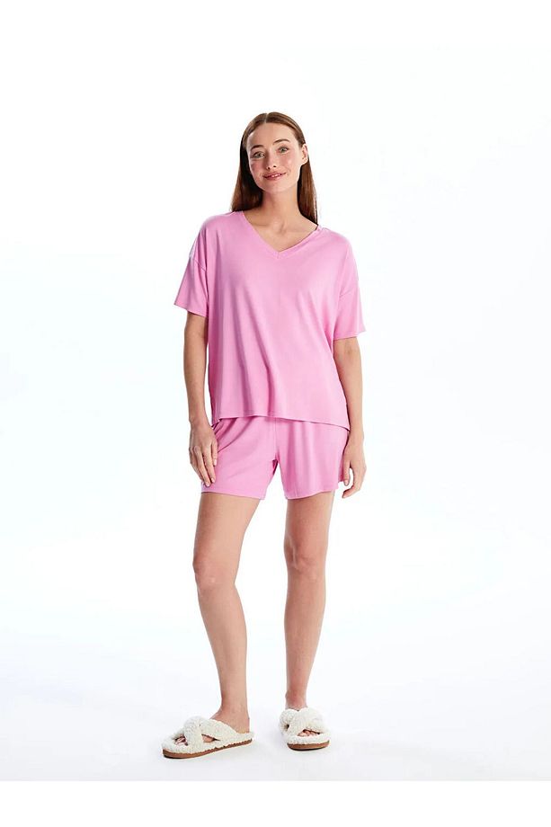 LCW DREAM Pembe Leylak V Yaka Düz Kısa Kollu Kadın Şortlu Pijama Takımı - 4