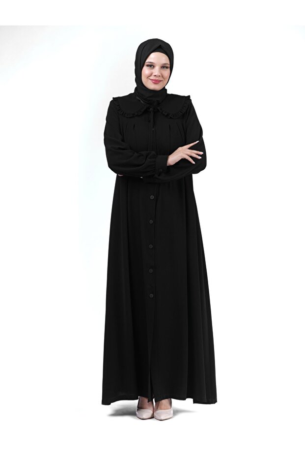 فستان حجاب أسود بياقة بيبي مع أكمام مطوية وأزرار 24352