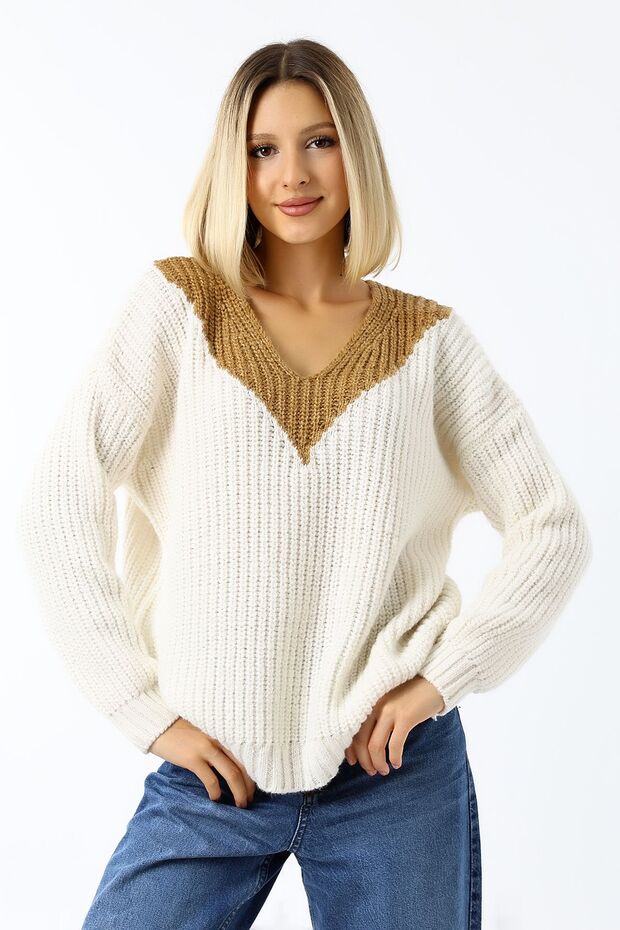 Kadın V Yaka Salaş Oversize Triko Kazak - 2