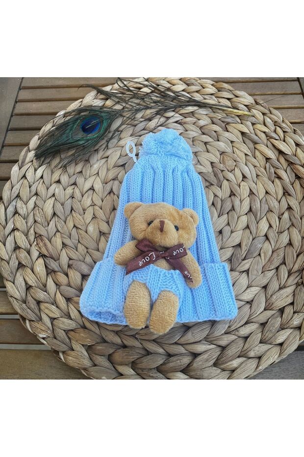 Baby Kids Wool Knitwear Hat Beanie with Blue Pompom and Teddy Bear Compatible with Ages 1-8