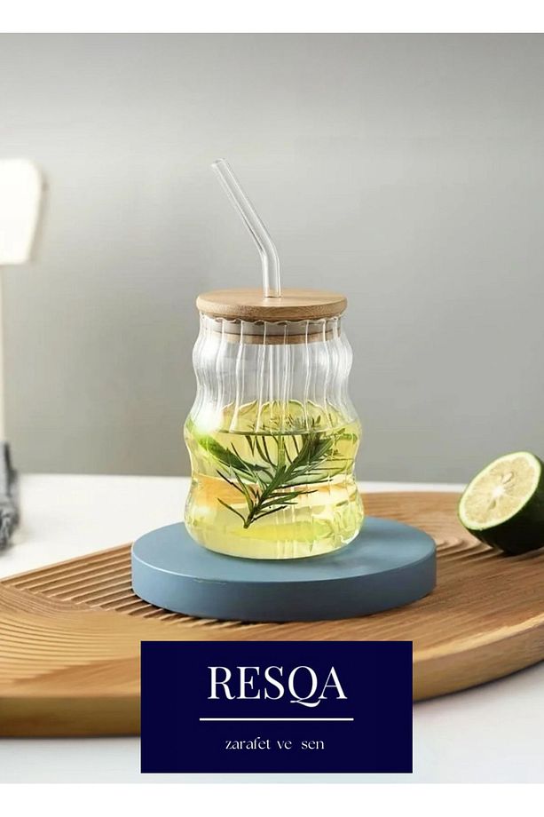 Bambu Kapaklı Cam Pipetli Cam Bardak 350 ml Smoothie Kokteyl Kahve Çay Limonata Soğuk Kahve Bardağı - 4