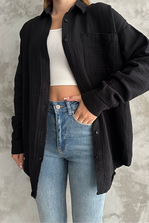 Kadın Siyah Oversize Basic Pamuk Gömlek - 7