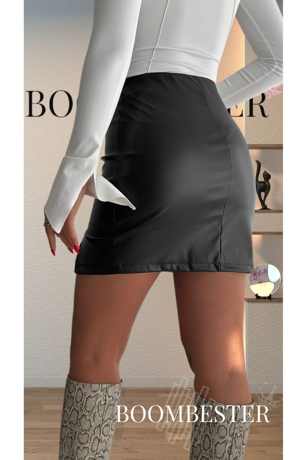 Women's Black Leather Skirt – High Waist, Elastic Waist, Stylish Slit Mini Skirt