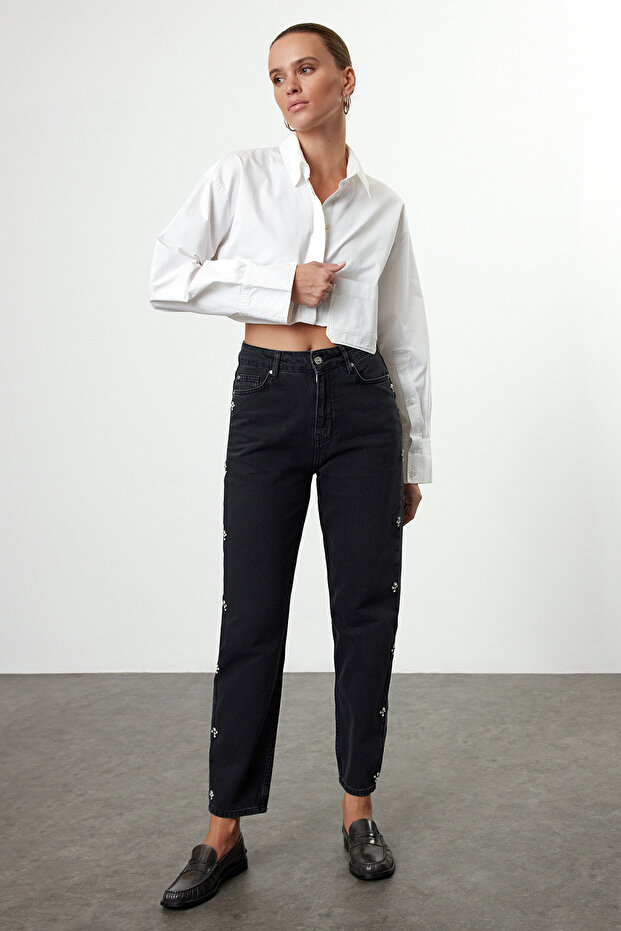 Siyah Taşlı Yüksek Bel Mom %100 Pamuk Non-Stretch Jeans TWOAW25JE00255 - 2